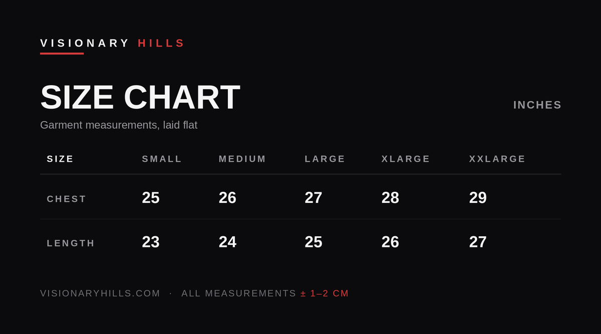 Daily "Bred" Zip Up size chart: chest and length in inches, laid flat