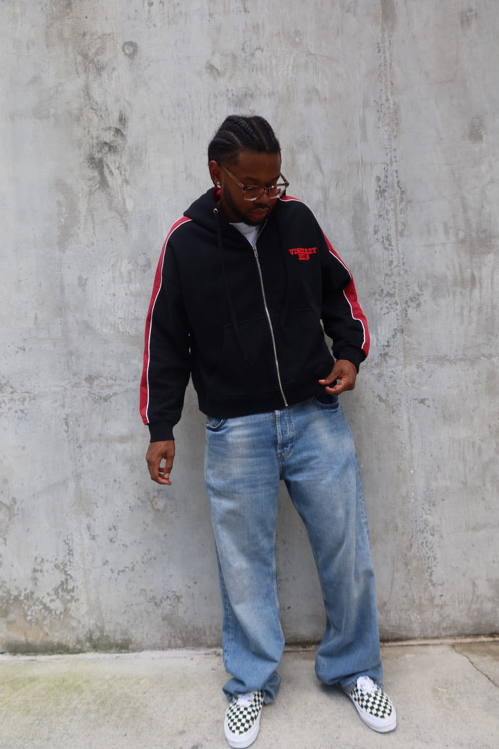 @jadenalphonse wearing Visionary Hills Daily "Bred" Zip Up