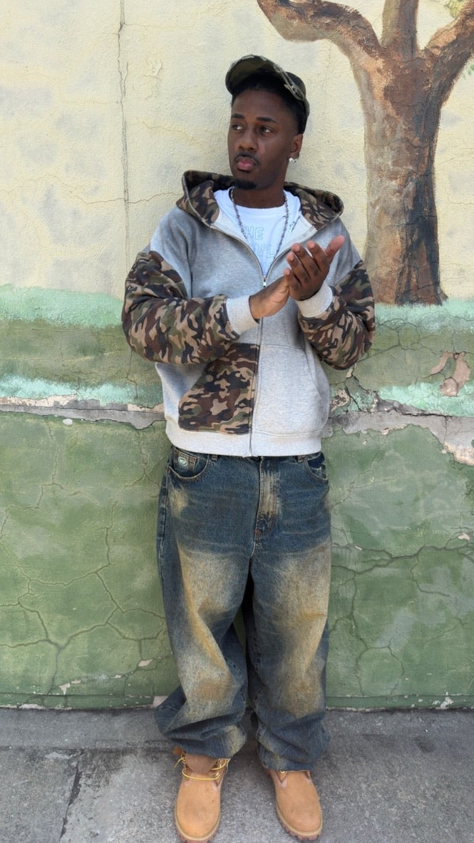 @nomorefreeswag wearing Visionary Hills Concrete Jungle Zip Up